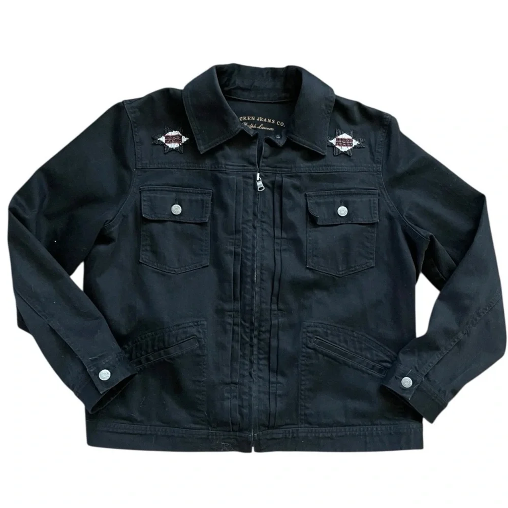 Lauren Jeans Co. Southwest Aztec Beaded Detail Black Jean Jacket 1X plus western - Picture 2 of 7